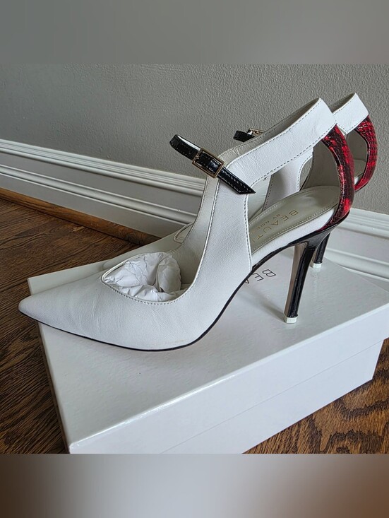 Beautiisoles Shoes - Beautiisoles Agnese Satin Pumps Size 8M White Red and Black
